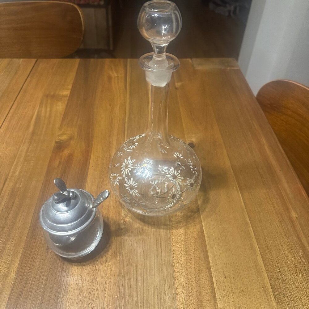 Antique wine decanter, and salt cellar